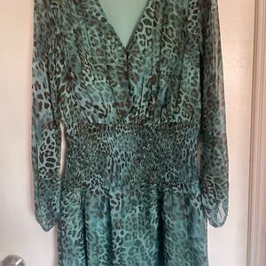 Guess Teal Leopard Long Sleeve Dress